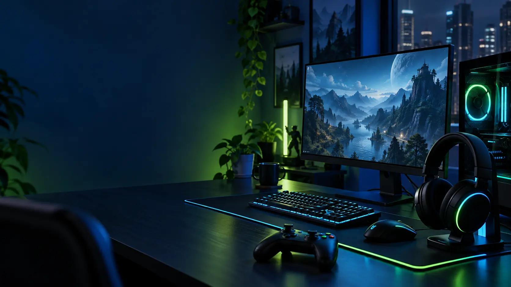 A modern gaming desk illuminated with blue and green lights